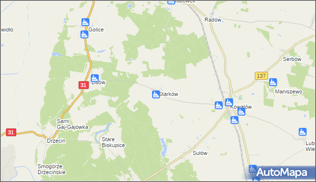 mapa Starków gmina Rzepin, Starków gmina Rzepin na mapie Targeo