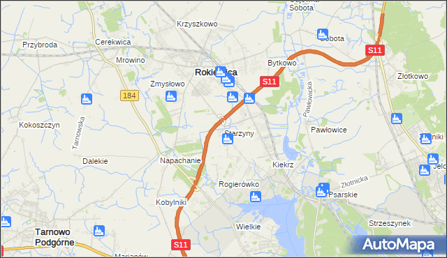 mapa Starzyny gmina Rokietnica, Starzyny gmina Rokietnica na mapie Targeo