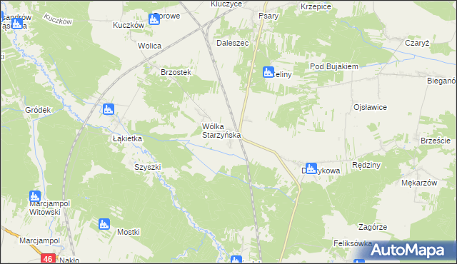 mapa Starzyny gmina Szczekociny, Starzyny gmina Szczekociny na mapie Targeo