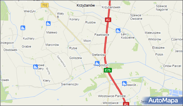 mapa Stefanów gmina Krzyżanów, Stefanów gmina Krzyżanów na mapie Targeo