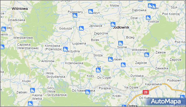 mapa Stróża gmina Dobra, Stróża gmina Dobra na mapie Targeo