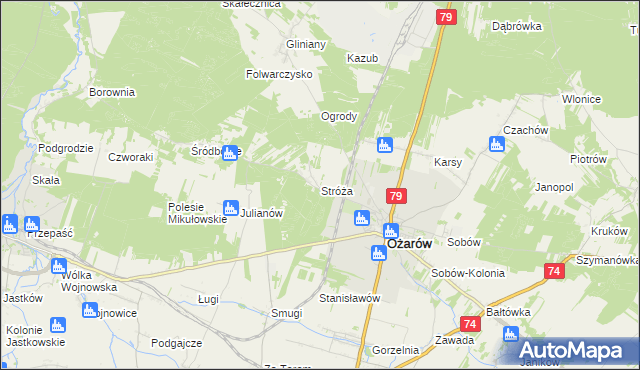 mapa Stróża gmina Ożarów, Stróża gmina Ożarów na mapie Targeo