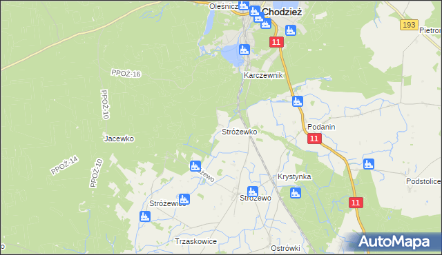 mapa Stróżewko gmina Chodzież, Stróżewko gmina Chodzież na mapie Targeo