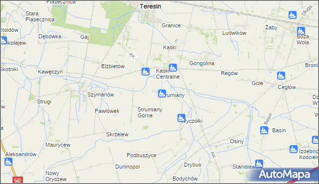 mapa Strumiany gmina Baranów, Strumiany gmina Baranów na mapie Targeo