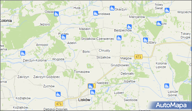 mapa Strzałków gmina Lisków, Strzałków gmina Lisków na mapie Targeo