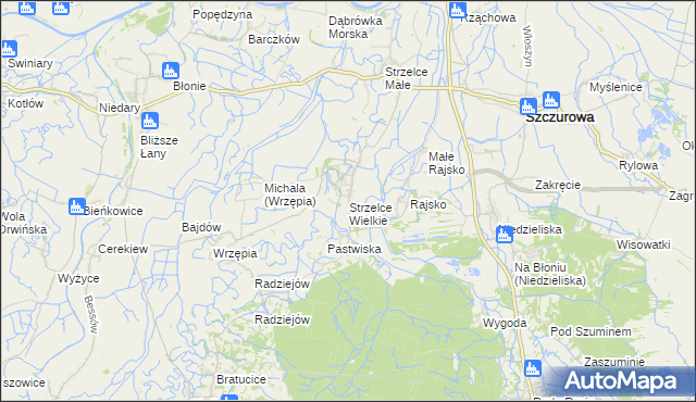 mapa Strzelce Wielkie gmina Szczurowa, Strzelce Wielkie gmina Szczurowa na mapie Targeo
