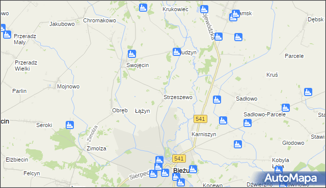 mapa Strzeszewo gmina Bieżuń, Strzeszewo gmina Bieżuń na mapie Targeo