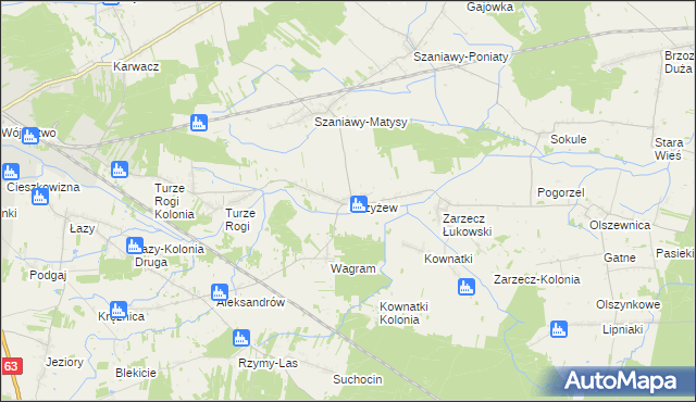 mapa Strzyżew gmina Łuków, Strzyżew gmina Łuków na mapie Targeo