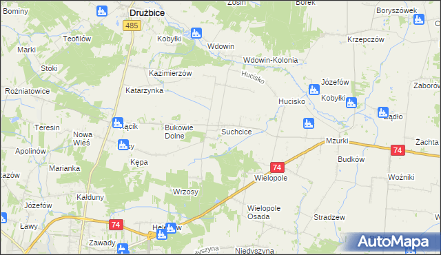 mapa Suchcice gmina Drużbice, Suchcice gmina Drużbice na mapie Targeo