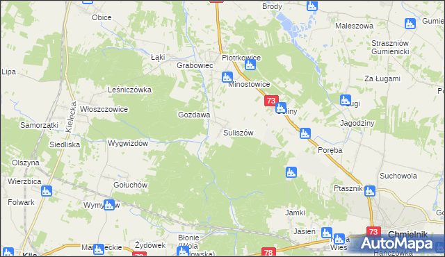 mapa Suliszów gmina Chmielnik, Suliszów gmina Chmielnik na mapie Targeo