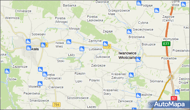 mapa Sułkowice gmina Iwanowice, Sułkowice gmina Iwanowice na mapie Targeo