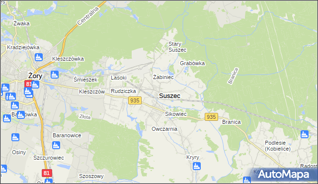 mapa Suszec powiat pszczyński, Suszec powiat pszczyński na mapie Targeo