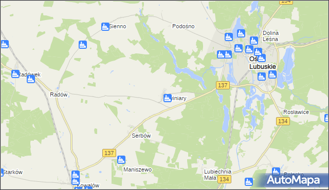 mapa Świniary gmina Ośno Lubuskie, Świniary gmina Ośno Lubuskie na mapie Targeo