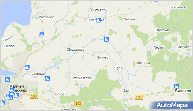 mapa Świniec gmina Kamień Pomorski, Świniec gmina Kamień Pomorski na mapie Targeo