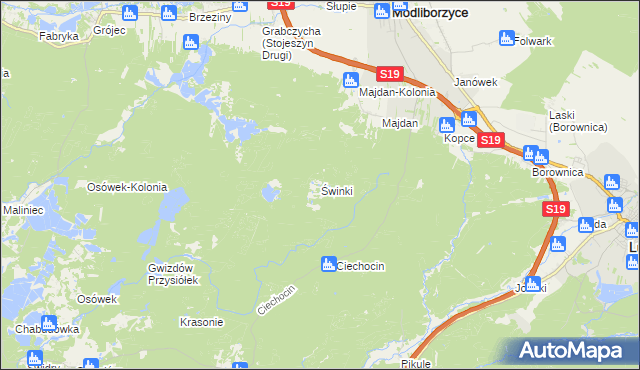 mapa Świnki gmina Modliborzyce, Świnki gmina Modliborzyce na mapie Targeo