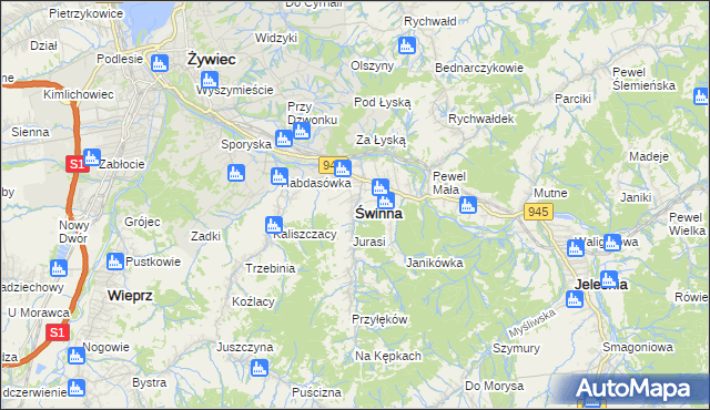 mapa Świnna powiat żywiecki, Świnna powiat żywiecki na mapie Targeo