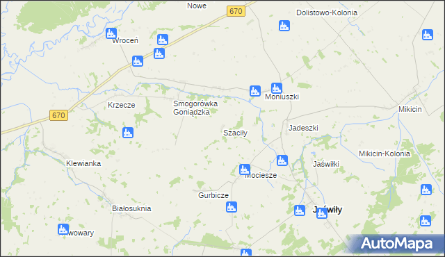 mapa Szaciły gmina Jaświły, Szaciły gmina Jaświły na mapie Targeo