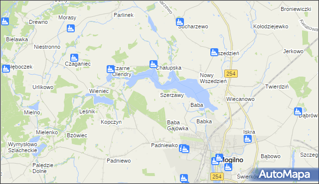 mapa Szerzawy gmina Mogilno, Szerzawy gmina Mogilno na mapie Targeo