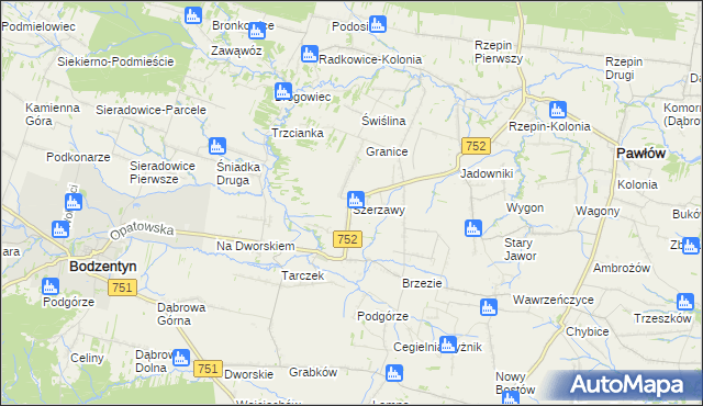 mapa Szerzawy gmina Pawłów, Szerzawy gmina Pawłów na mapie Targeo