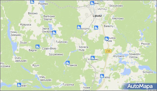 mapa Szklana Huta gmina Lipusz, Szklana Huta gmina Lipusz na mapie Targeo