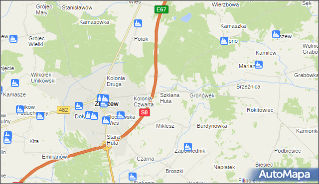 mapa Szklana Huta gmina Złoczew, Szklana Huta gmina Złoczew na mapie Targeo