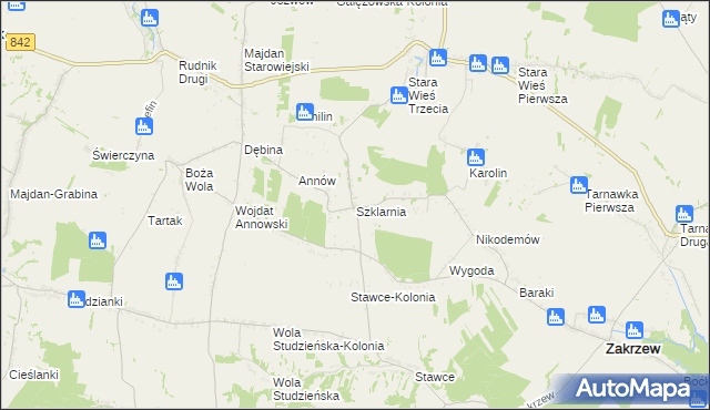 mapa Szklarnia gmina Zakrzew, Szklarnia gmina Zakrzew na mapie Targeo