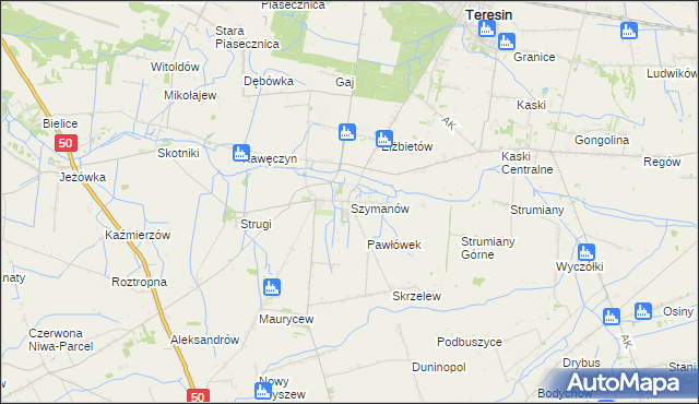 mapa Szymanów gmina Teresin, Szymanów gmina Teresin na mapie Targeo