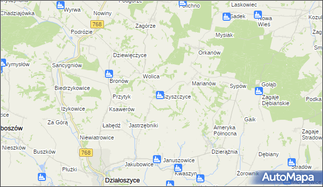 mapa Szyszczyce gmina Działoszyce, Szyszczyce gmina Działoszyce na mapie Targeo