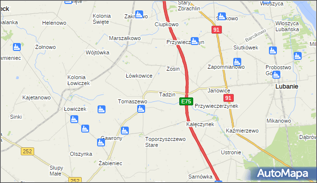 mapa Tadzin gmina Lubanie, Tadzin gmina Lubanie na mapie Targeo