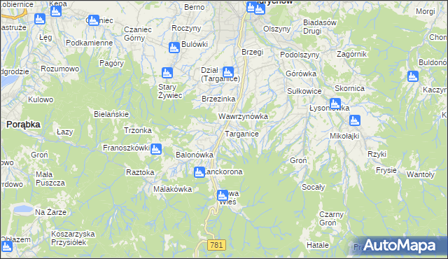 mapa Targanice, Targanice na mapie Targeo
