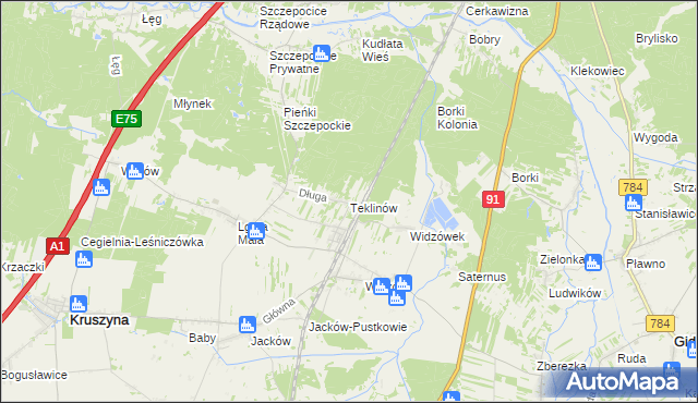 mapa Teklinów gmina Kruszyna, Teklinów gmina Kruszyna na mapie Targeo