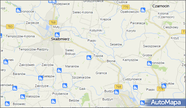 mapa Topola gmina Skalbmierz, Topola gmina Skalbmierz na mapie Targeo