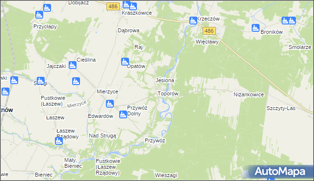 mapa Toporów gmina Wierzchlas, Toporów gmina Wierzchlas na mapie Targeo