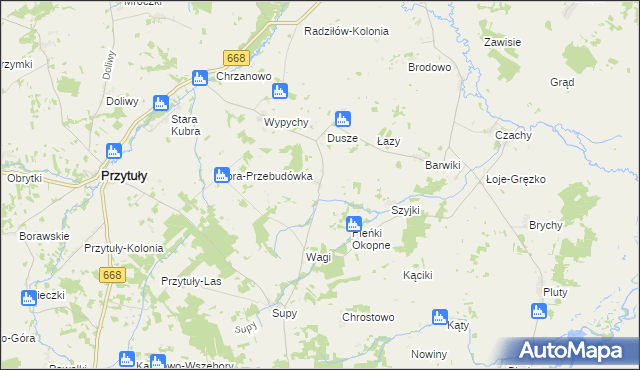 mapa Trzaski gmina Przytuły, Trzaski gmina Przytuły na mapie Targeo