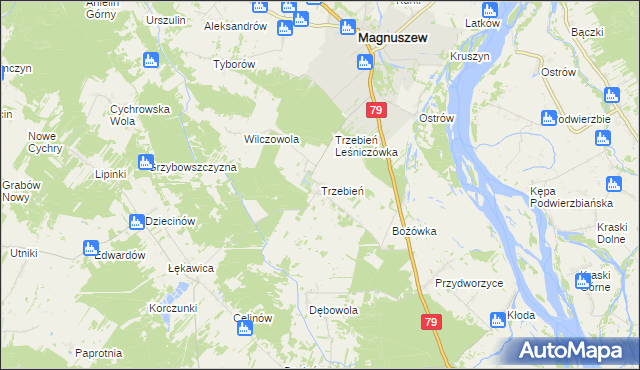 mapa Trzebień gmina Magnuszew, Trzebień gmina Magnuszew na mapie Targeo