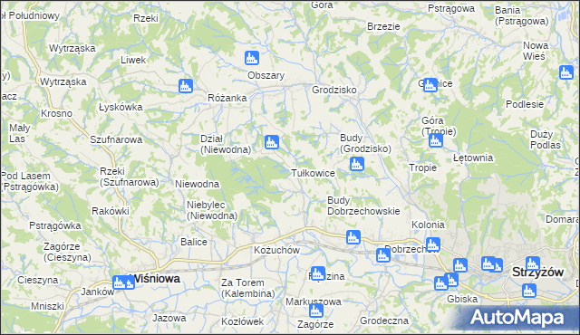 mapa Tułkowice gmina Wiśniowa, Tułkowice gmina Wiśniowa na mapie Targeo