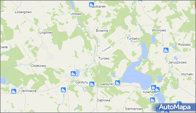 mapa Turowo gmina Kozłowo, Turowo gmina Kozłowo na mapie Targeo