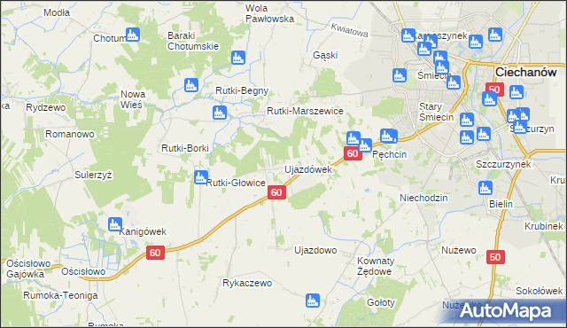 mapa Ujazdówek gmina Ciechanów, Ujazdówek gmina Ciechanów na mapie Targeo