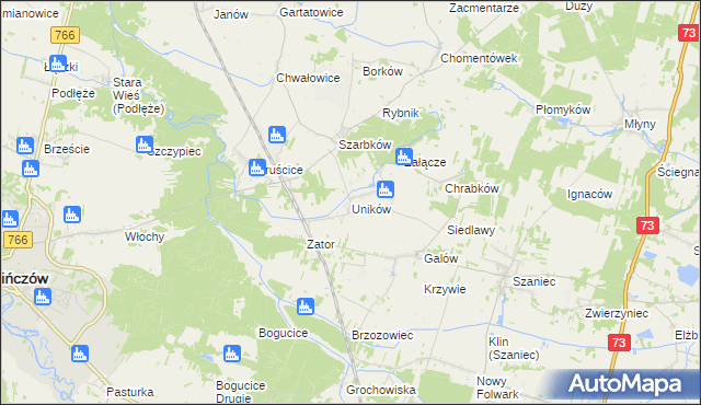 mapa Uników gmina Pińczów, Uników gmina Pińczów na mapie Targeo