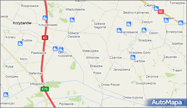 mapa Waliszew gmina Bedlno, Waliszew gmina Bedlno na mapie Targeo