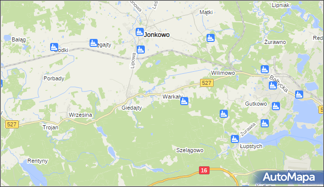 mapa Warkały gmina Jonkowo, Warkały gmina Jonkowo na mapie Targeo