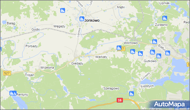 mapa Warkały gmina Jonkowo, Warkały gmina Jonkowo na mapie Targeo