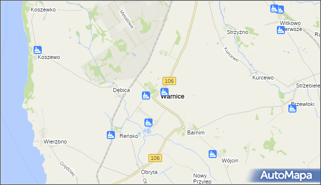 mapa Warnice powiat pyrzycki, Warnice powiat pyrzycki na mapie Targeo