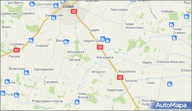 mapa Warszewka gmina Drobin, Warszewka gmina Drobin na mapie Targeo