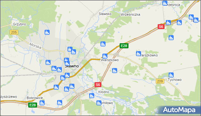 mapa Warszkowo gmina Sławno, Warszkowo gmina Sławno na mapie Targeo