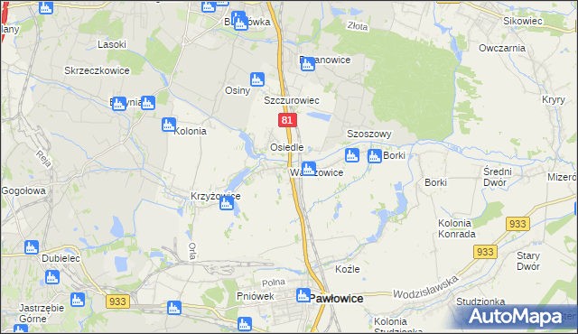 mapa Warszowice, Warszowice na mapie Targeo