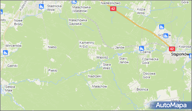 mapa Wąsosz gmina Końskie, Wąsosz gmina Końskie na mapie Targeo