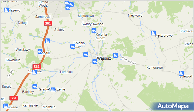 mapa Wąsosz powiat grajewski, Wąsosz powiat grajewski na mapie Targeo
