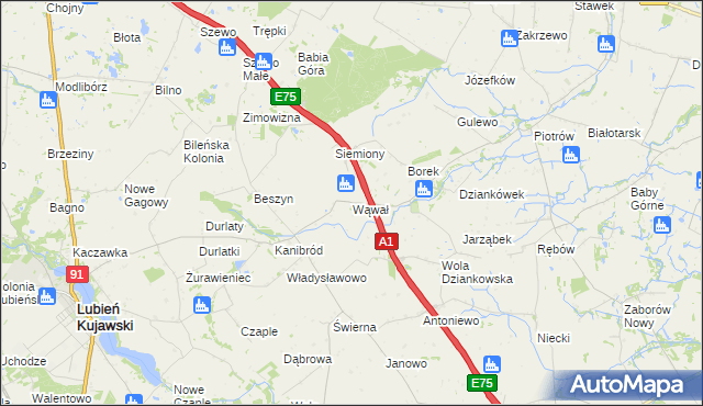 mapa Wąwał gmina Lubień Kujawski, Wąwał gmina Lubień Kujawski na mapie Targeo