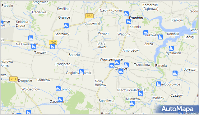 mapa Wawrzeńczyce gmina Pawłów, Wawrzeńczyce gmina Pawłów na mapie Targeo